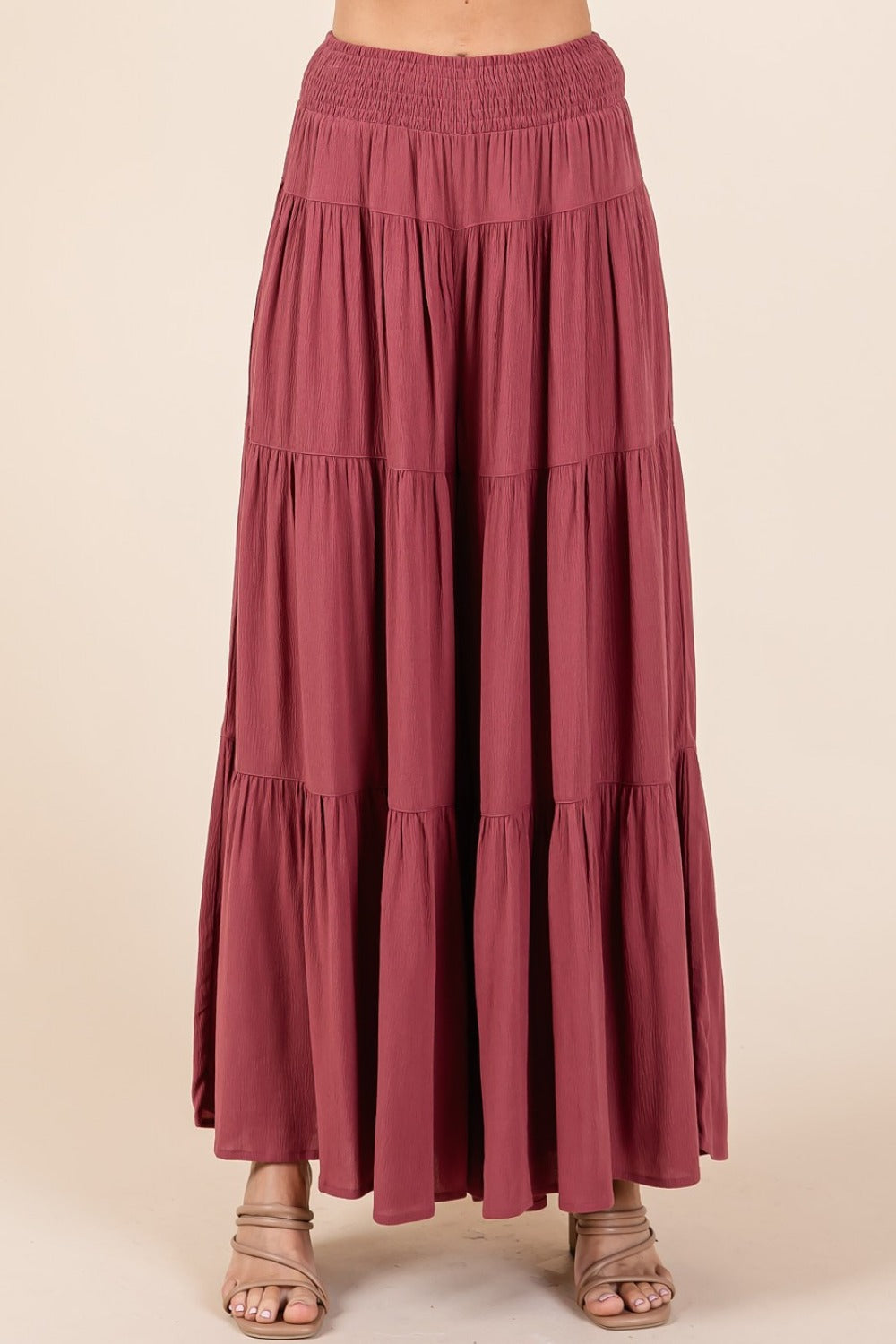 Mittoshop Tier Detail Smocked Elastic Waist Wide Leg Pants free shipping -Oh Em Gee Boutique