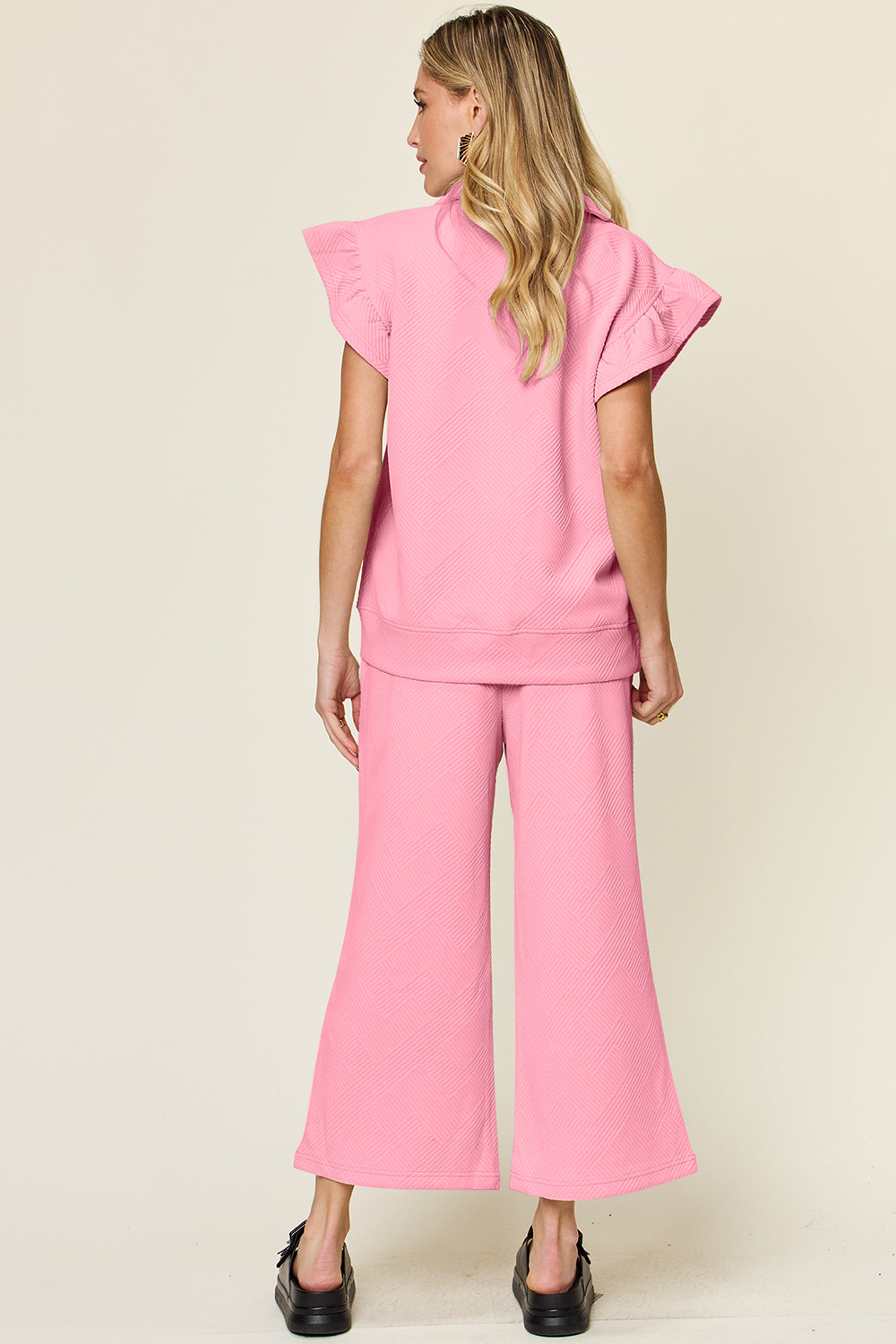 Double Take Texture Ruffle Short Sleeve Top and Drawstring Wide Leg Pants Set free shipping -Oh Em Gee Boutique