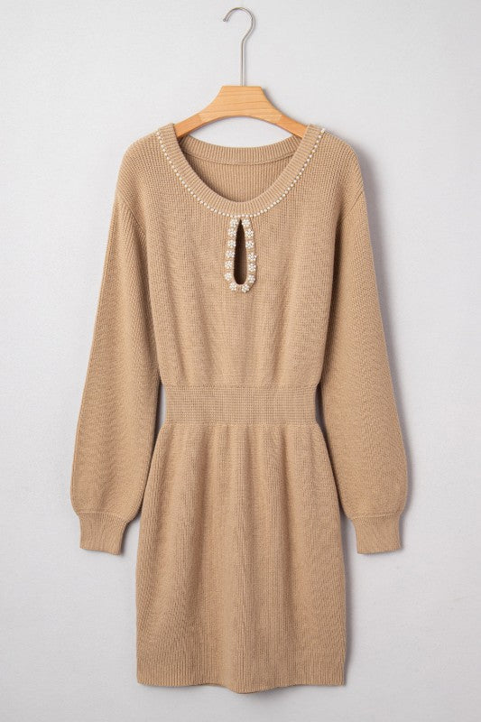 Pearl Embellished Keyhole Ribbed Sweater Dress free shipping -Oh Em Gee Boutique