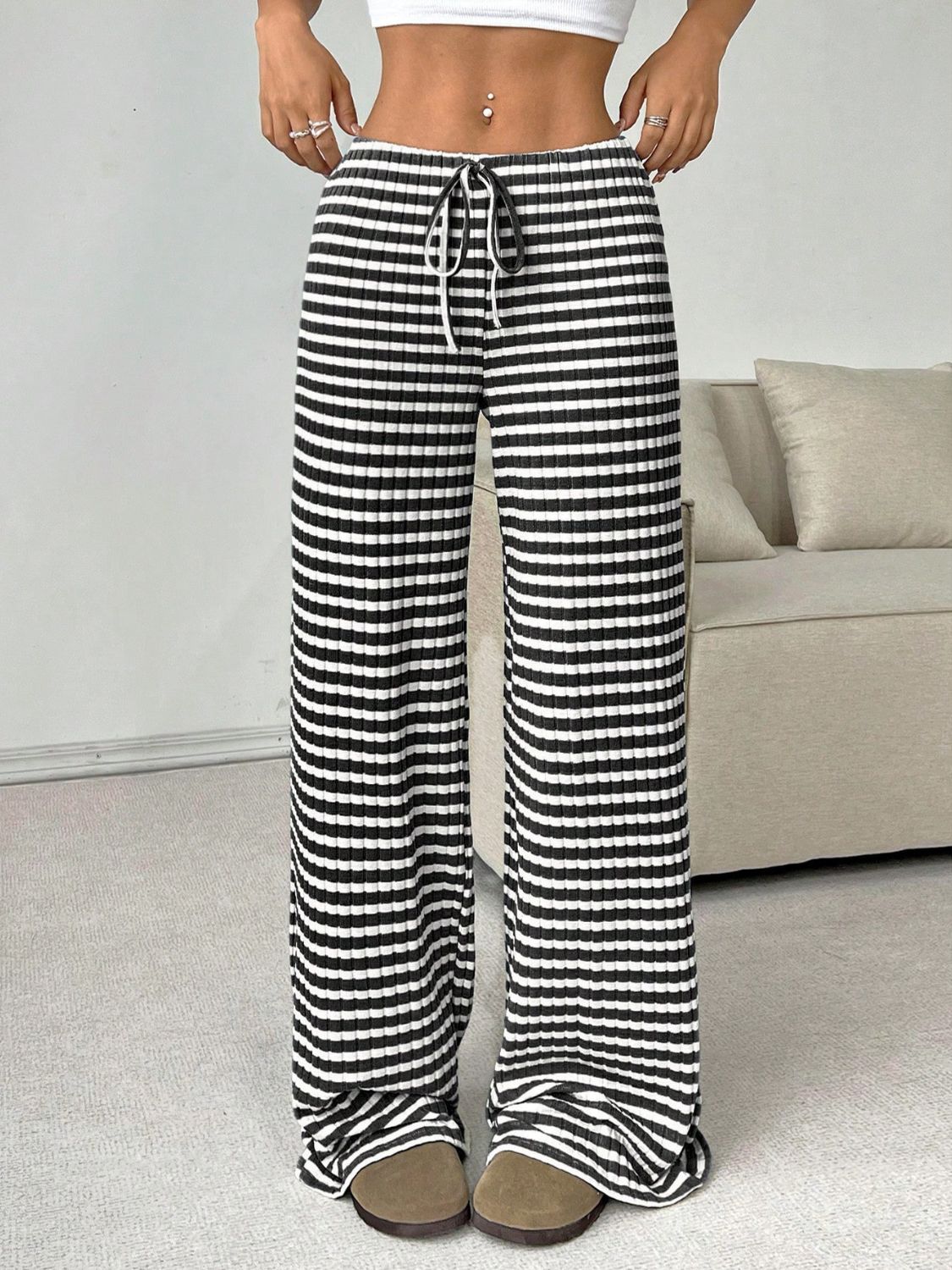 Tied Striped Wide Leg Pants free shipping -Oh Em Gee Boutique