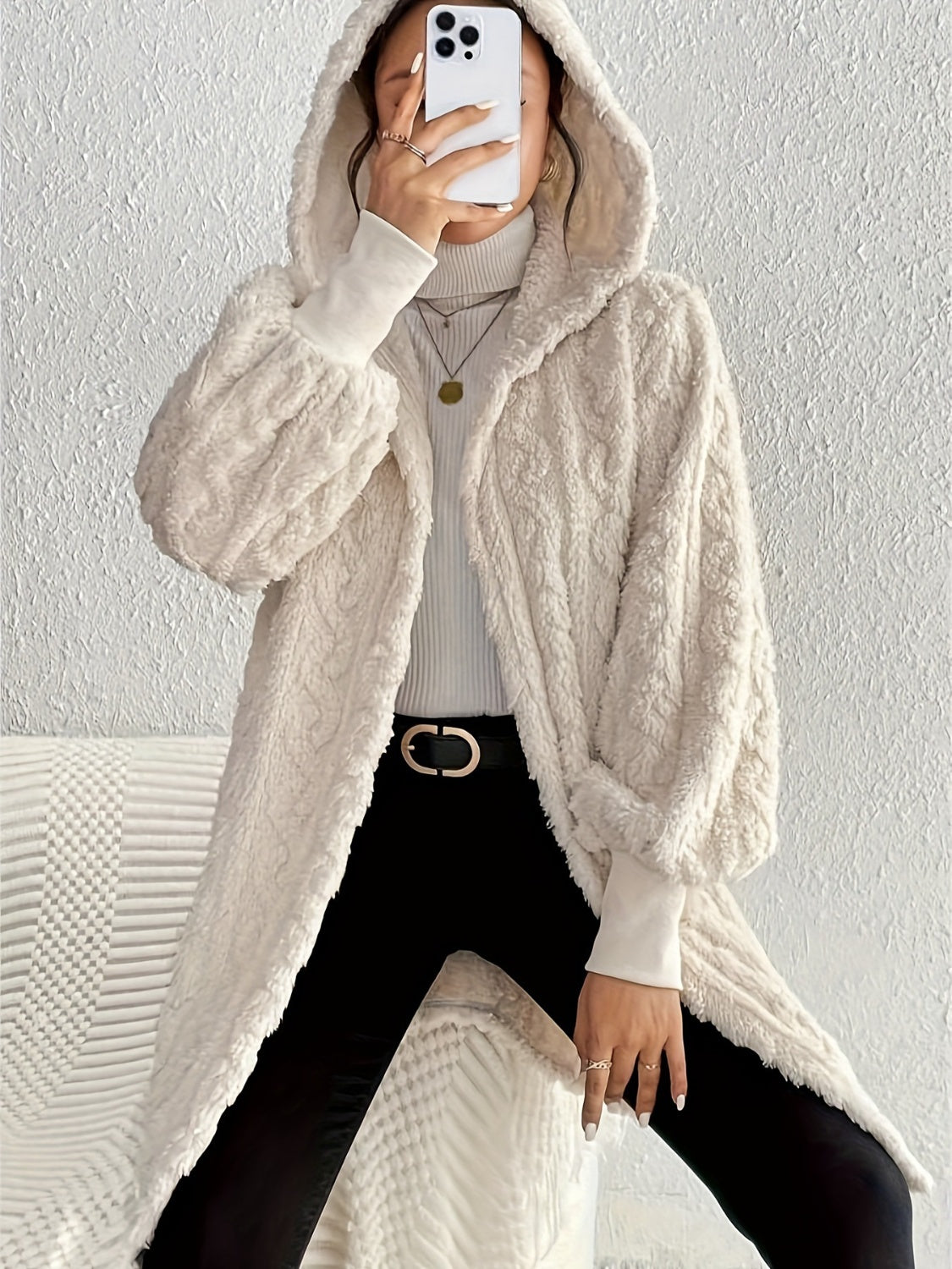 Open Front Long Sleeve Fuzzy Hooded Jacket free shipping -Oh Em Gee Boutique