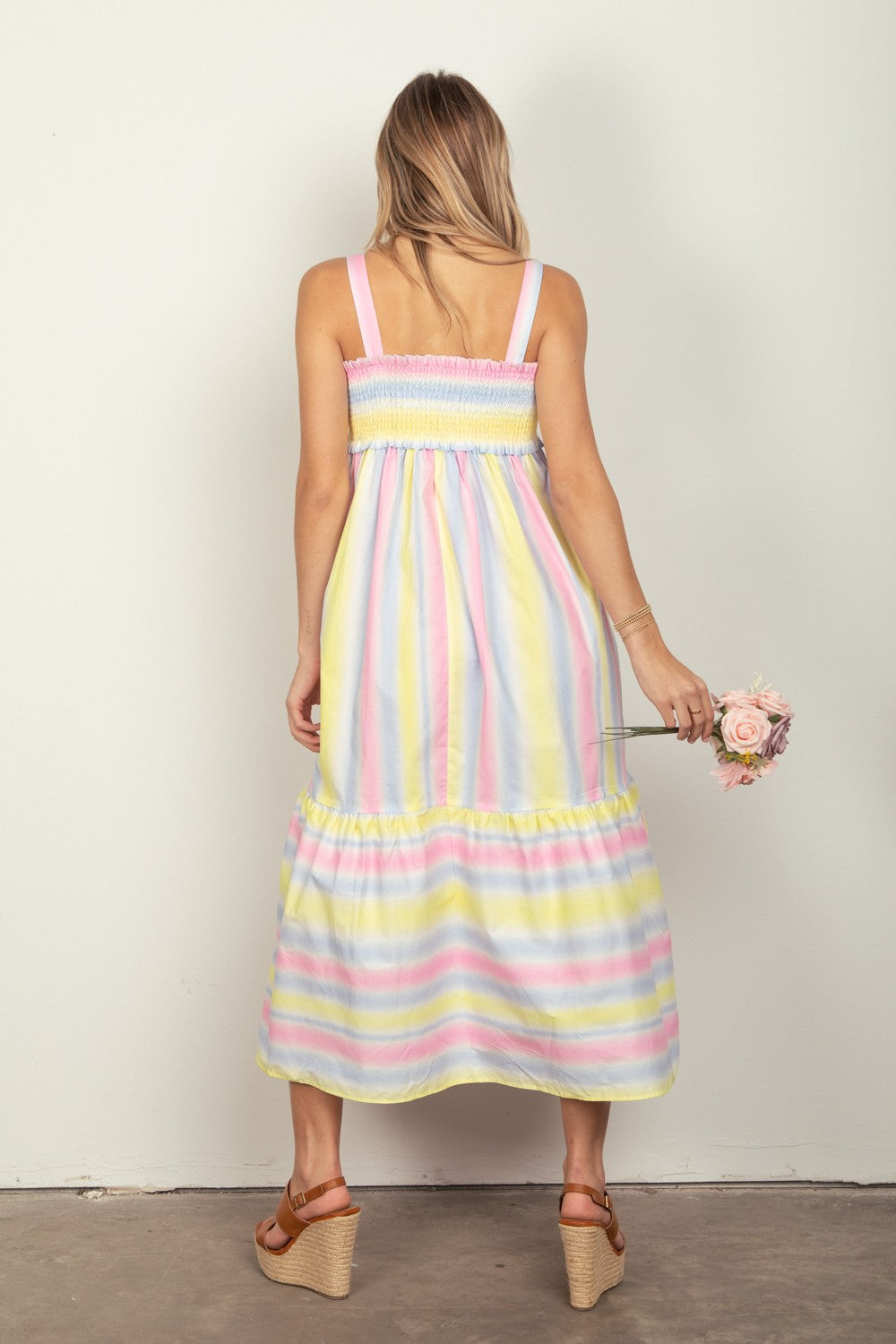 VERY J Striped Woven Smocked Midi Cami Dress free shipping -Oh Em Gee Boutique