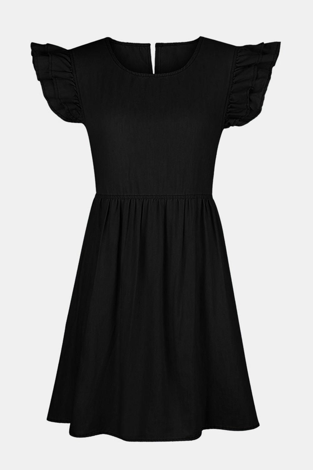 Full Size Ruffled Round Neck Cap Sleeve Denim Dress free shipping -Oh Em Gee Boutique