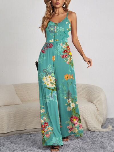 FAM-FAM Decorative Button Spaghetti Strap Wide Leg Jumpsuit free shipping -Oh Em Gee Boutique