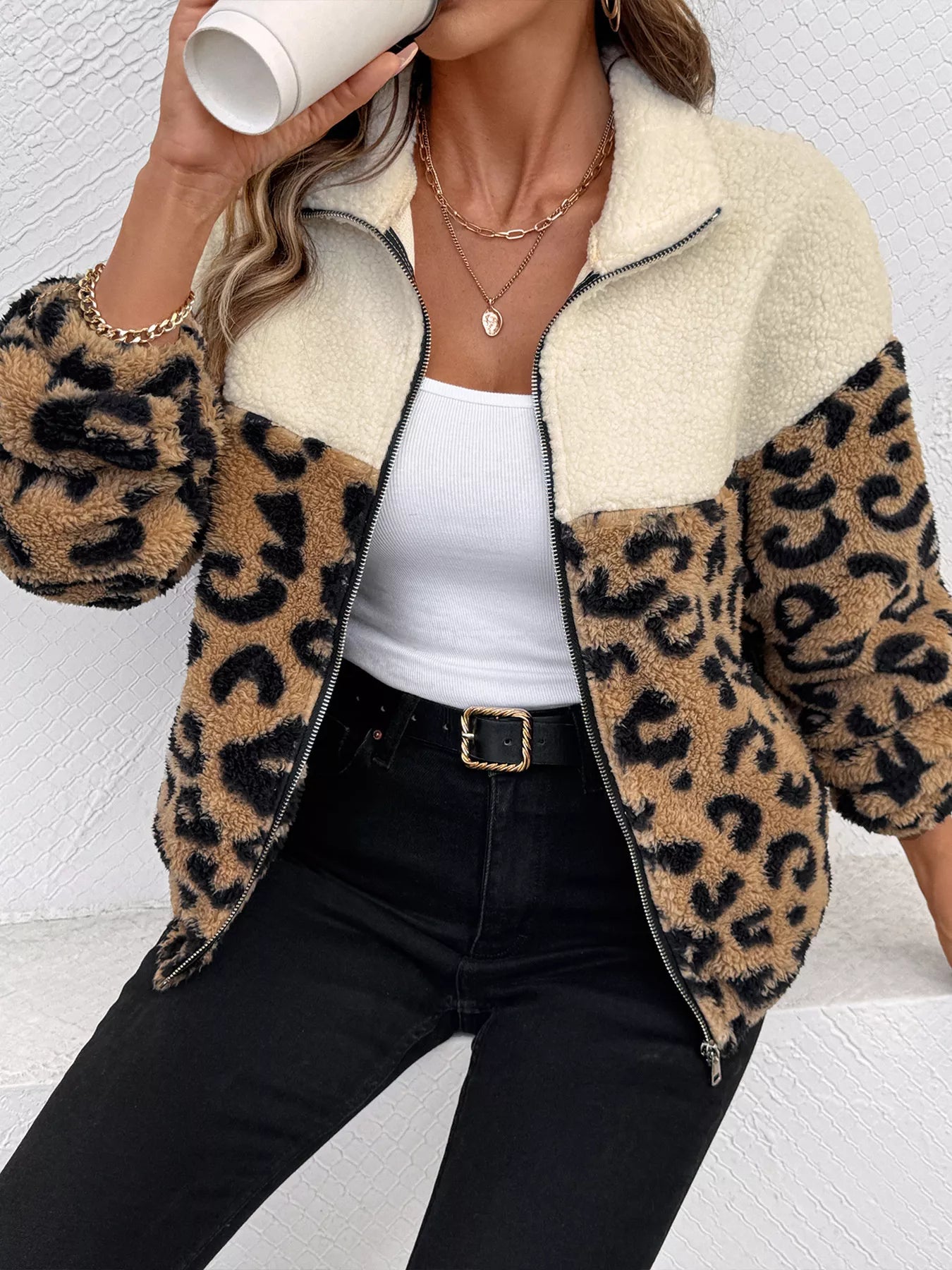 Leopard Zip Up Fleece Jacket free shipping -Oh Em Gee Boutique