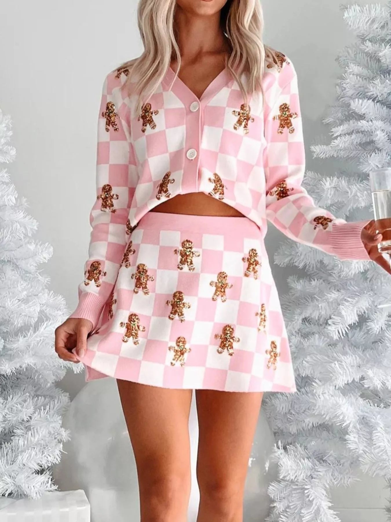 Gingerbread Checkered Cardigan and Skirt Sweater Set free shipping -Oh Em Gee Boutique