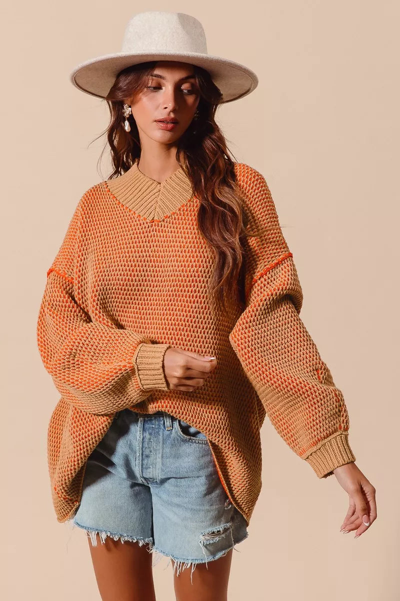 SO ME Oversized Two Tone Textured V Neck Sweater free shipping -Oh Em Gee Boutique