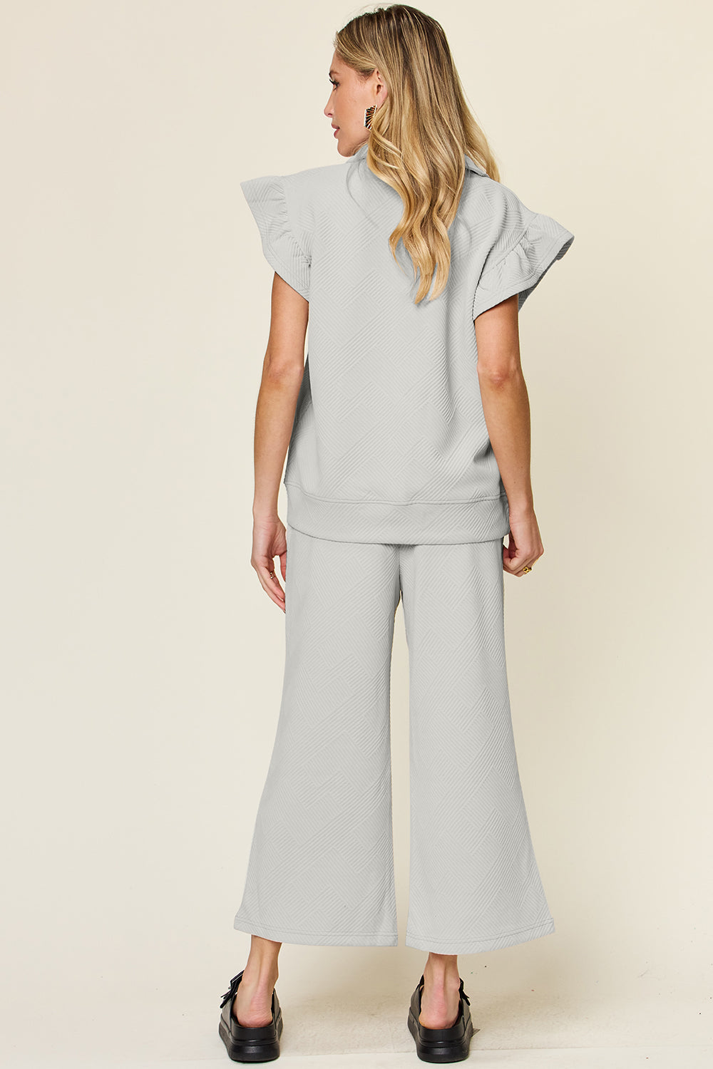 Double Take Texture Ruffle Short Sleeve Top and Drawstring Wide Leg Pants Set free shipping -Oh Em Gee Boutique