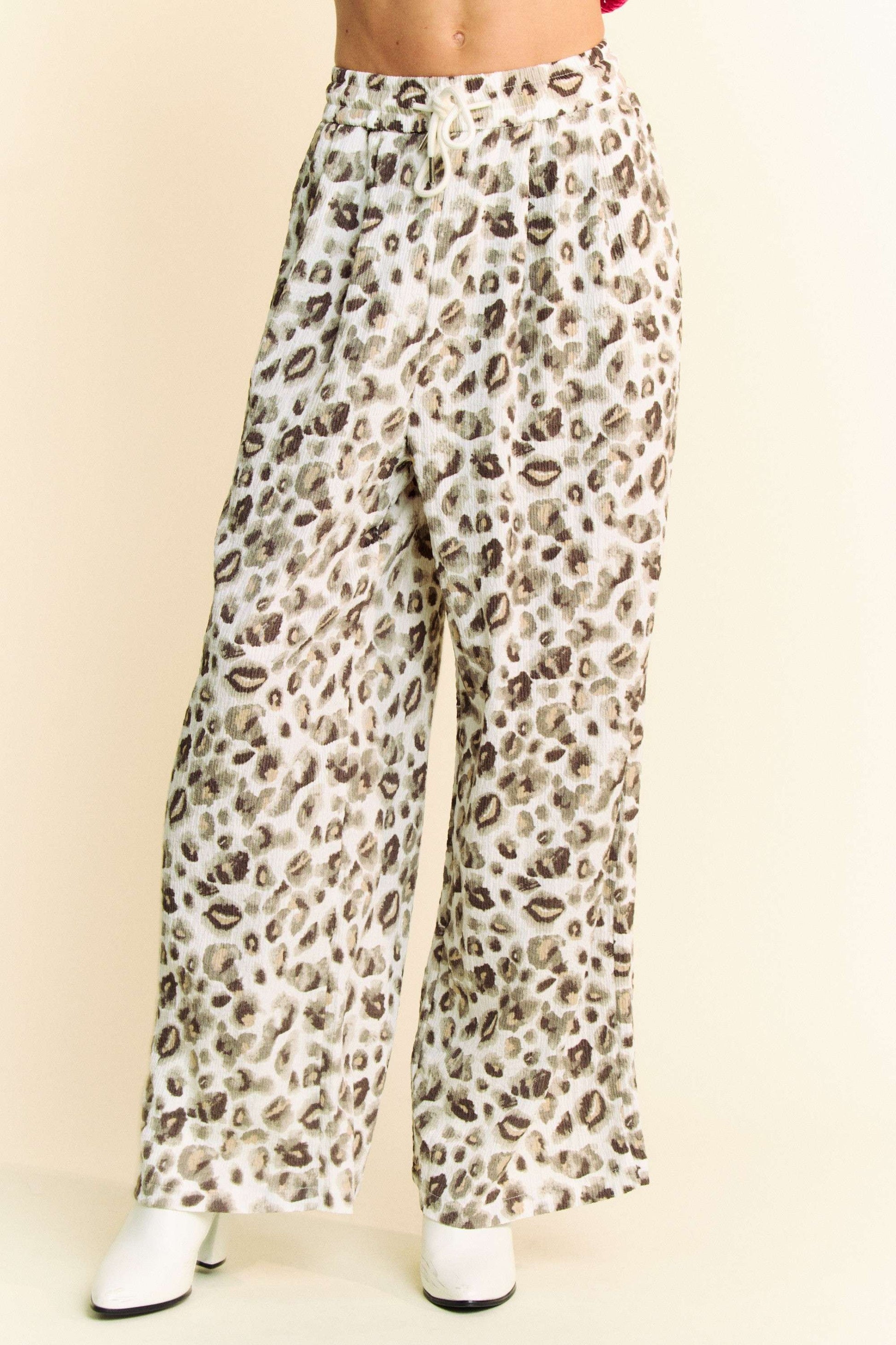 Davi & Dani Drawstring Leopard Wide Leg Pants free shipping -Oh Em Gee Boutique