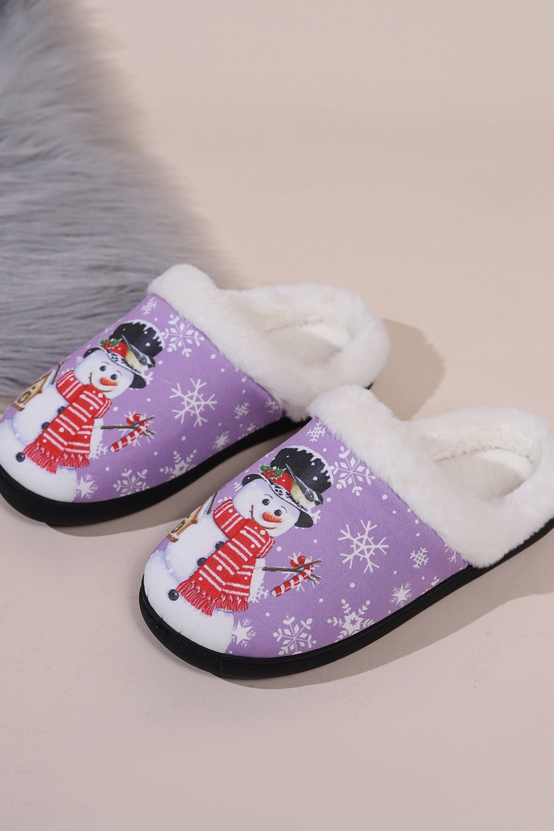 Snowman Round Toe Faux Fur Slippers free shipping -Oh Em Gee Boutique