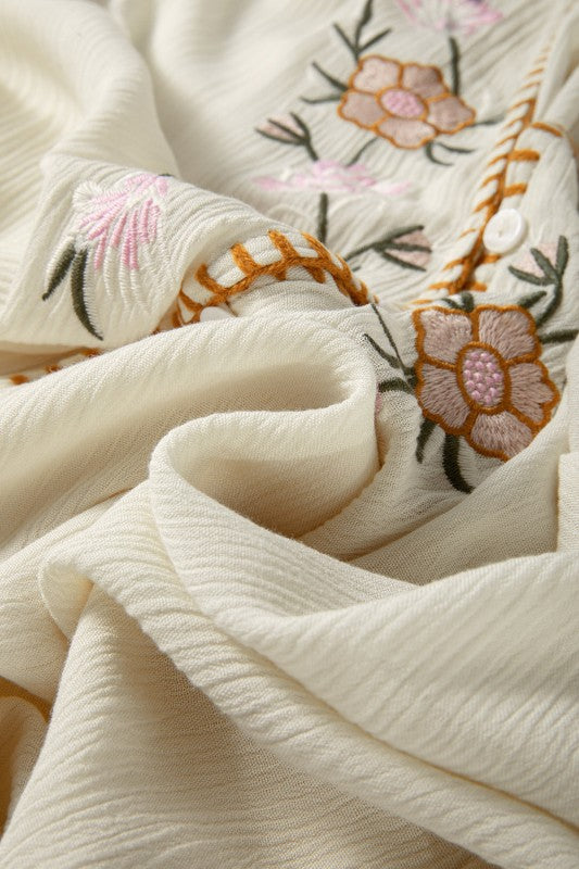 Floral Embroidered Textured Puff Sleeve Shirt free shipping -Oh Em Gee Boutique