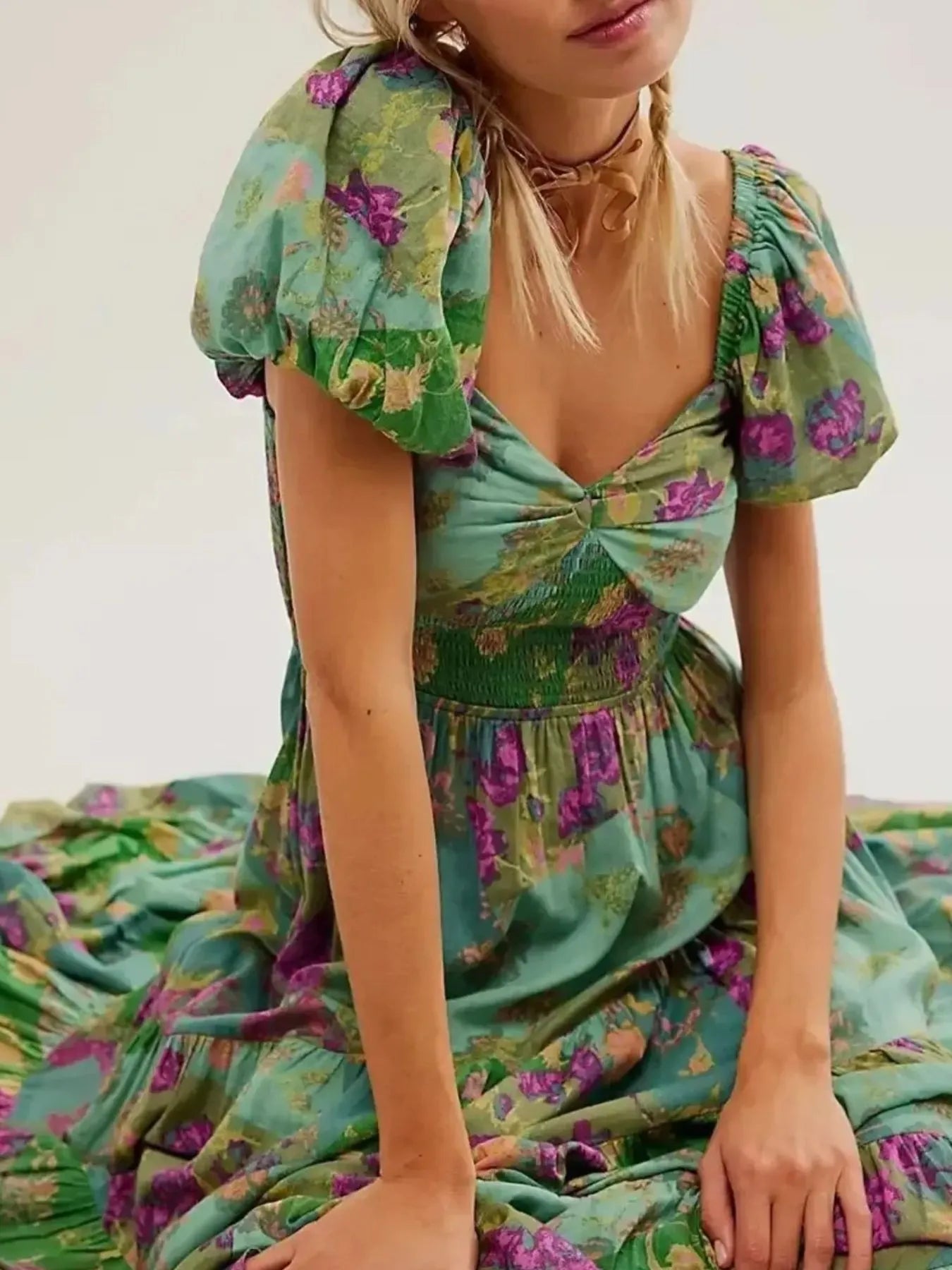 Printed Sweetheart Neck Puff Sleeve Maxi Dress free shipping -Oh Em Gee Boutique