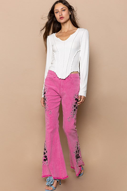 POL Raw Hem Embroidered Flare Pants free shipping -Oh Em Gee Boutique