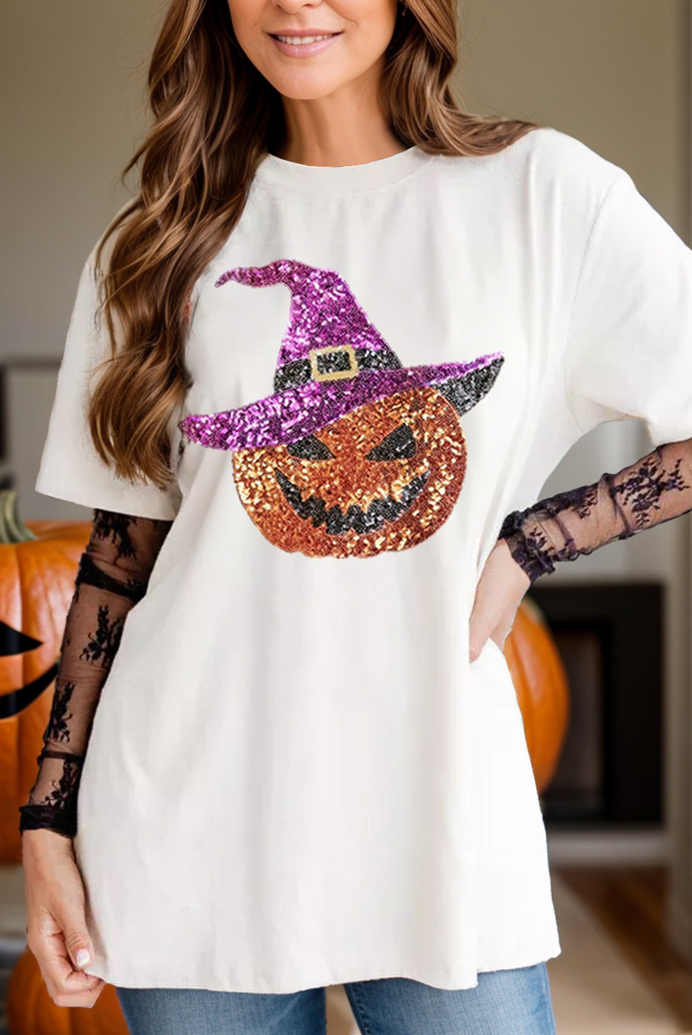 Sequin Pumpkin Round Neck Short Sleeve T-Shirt free shipping -Oh Em Gee Boutique