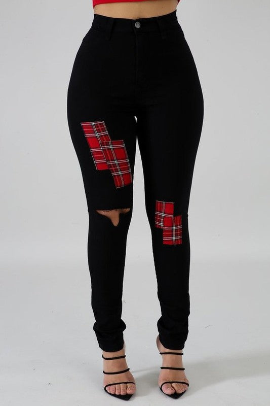 Plaid Patch Skinny Jeans free shipping -Oh Em Gee Boutique