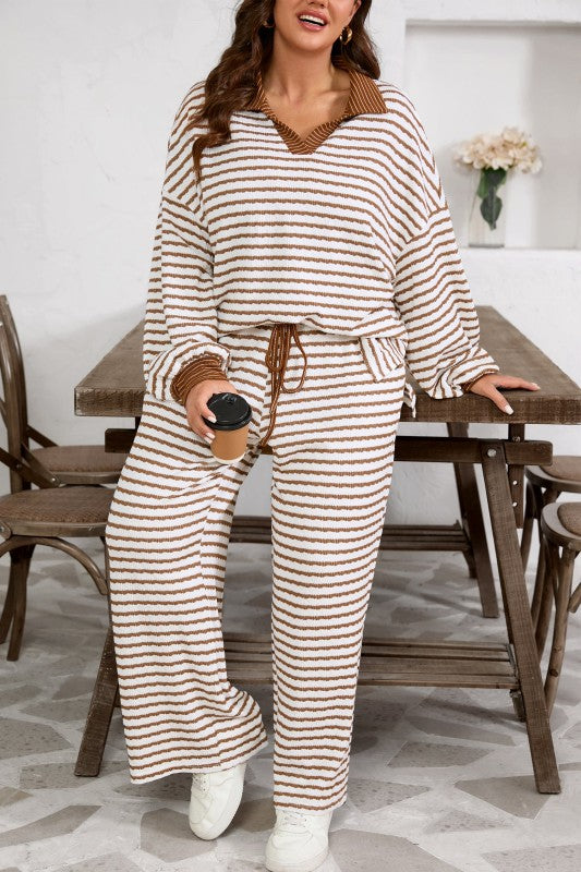 Plus Size Stripe V-Neck Pullover and Drawstring Pants Set free shipping -Oh Em Gee Boutique
