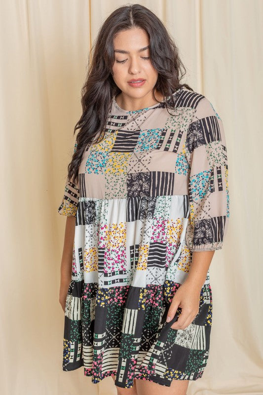 Plus Size Ditsy Floral Patch Work Dress free shipping -Oh Em Gee Boutique