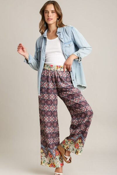 Umgee Full Size Mixed Print Elastic Waistband Pants free shipping -Oh Em Gee Boutique