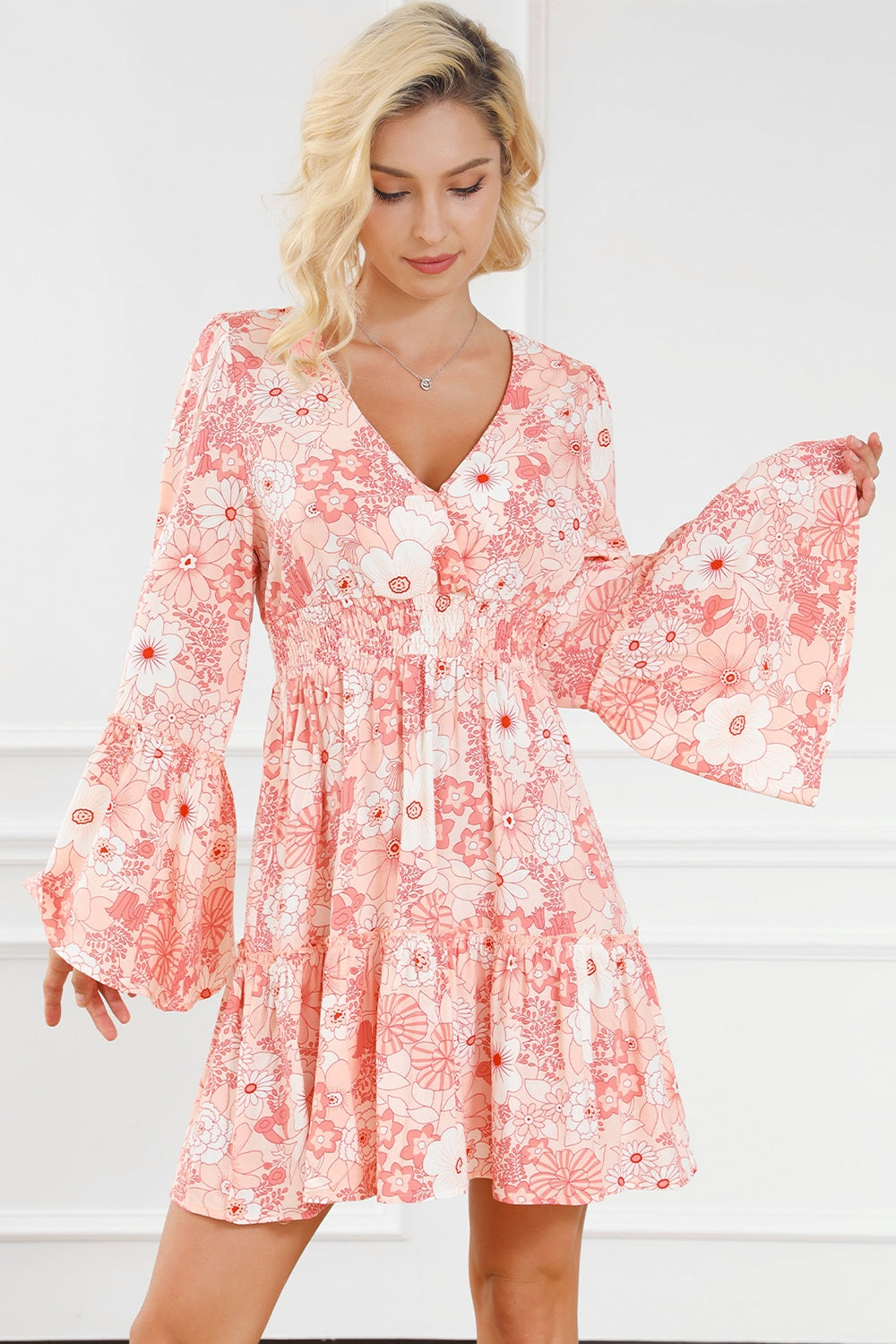 Smocked Printed Flare Sleeve Mini Dress free shipping -Oh Em Gee Boutique