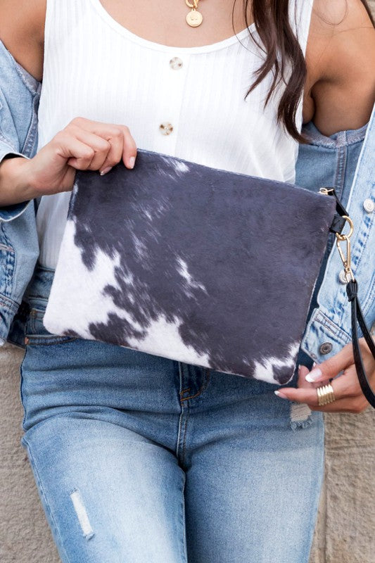 Faux Fur Cow Animal Print Clutch free shipping -Oh Em Gee Boutique