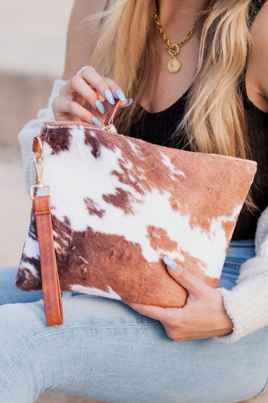 Faux Fur Cow Animal Print Clutch free shipping -Oh Em Gee Boutique