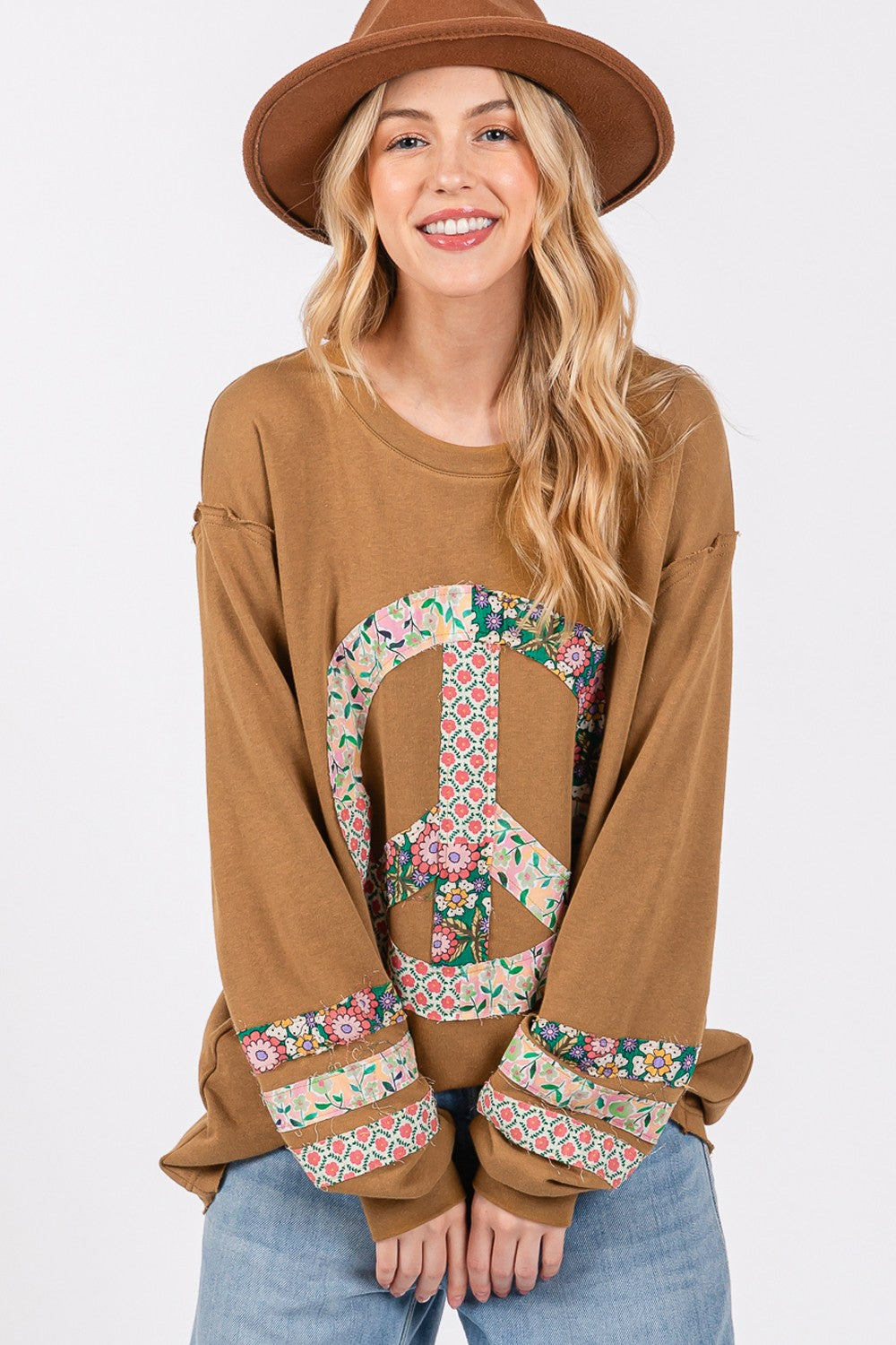 SAGE + FIG Peace Applique Patch Long Sleeve Top free shipping -Oh Em Gee Boutique