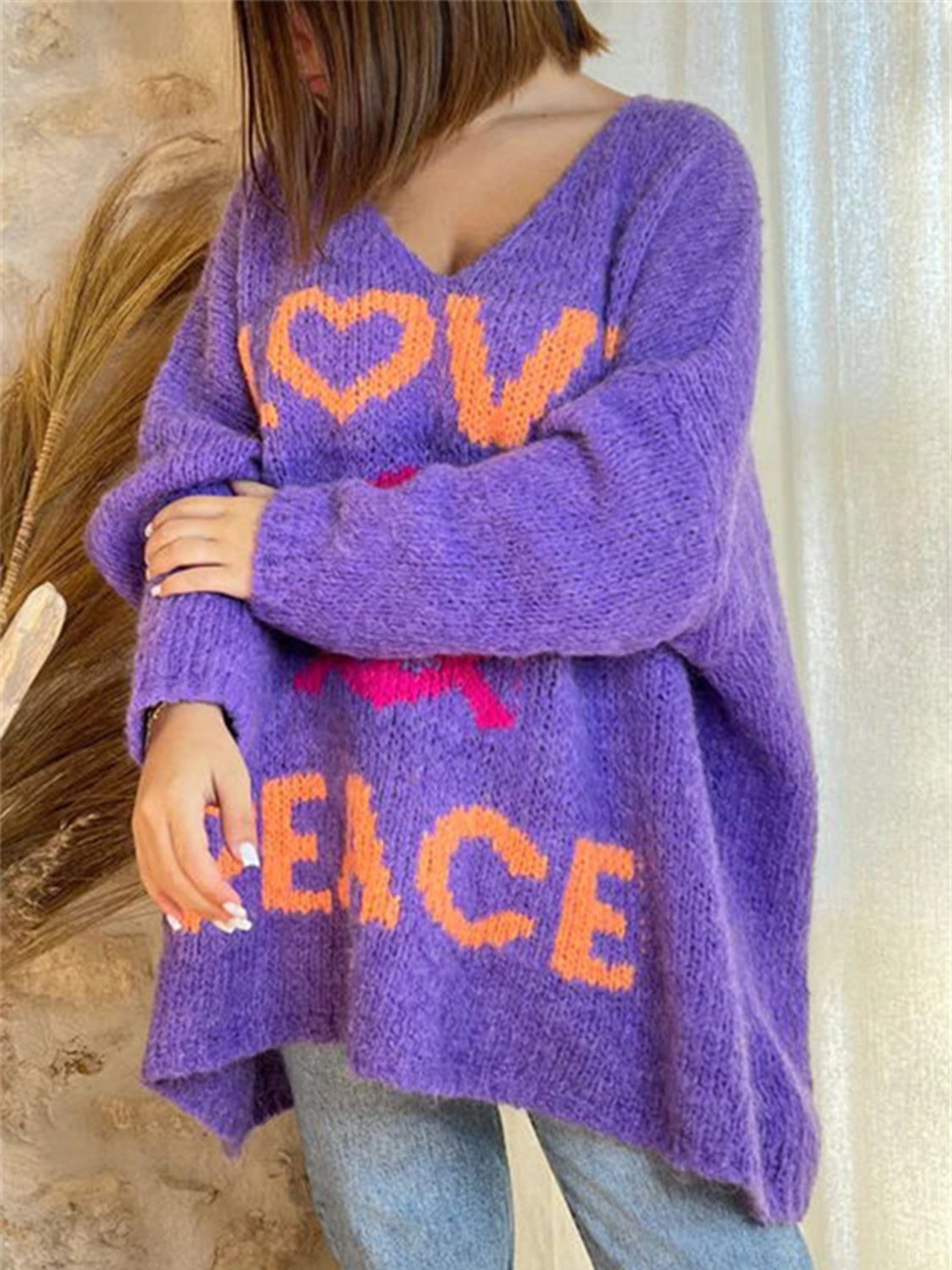 Peace Graphic V-Neck Long Sleeve Sweater free shipping -Oh Em Gee Boutique