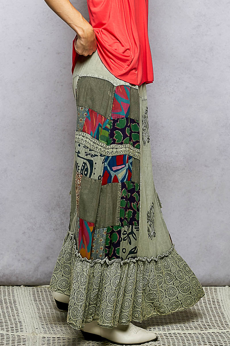 POL Printed Patchwork Embroidered Ruffled Skirt free shipping -Oh Em Gee Boutique