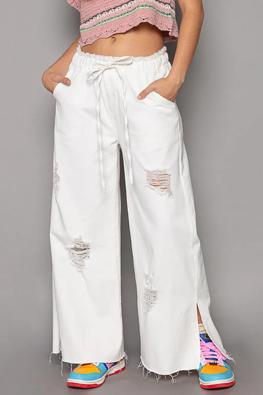 POL Distressed Drawstring Slit Wide leg Pants free shipping -Oh Em Gee Boutique