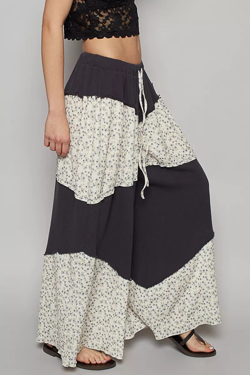 POL Contrast Floral Drawstring Wide Leg Pants free shipping -Oh Em Gee Boutique