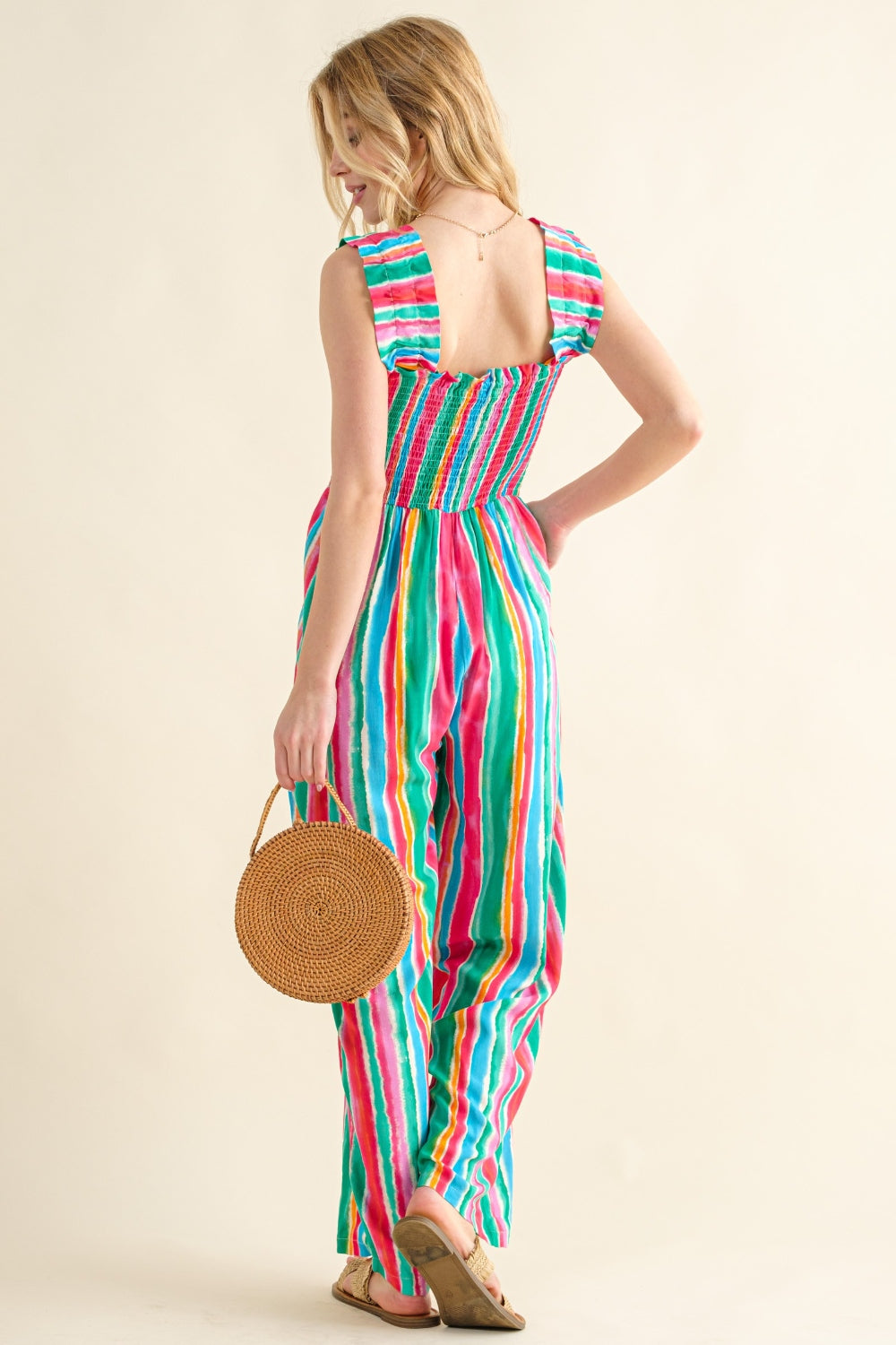 And The Why Full Size Striped Smocked Sleeveless Jumpsuit free shipping -Oh Em Gee Boutique