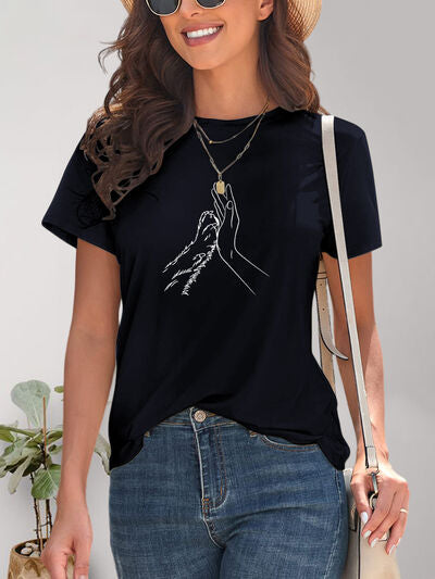 Graphic Round Neck Short Sleeve T-Shirt, Hand and Paw free shipping -Oh Em Gee Boutique