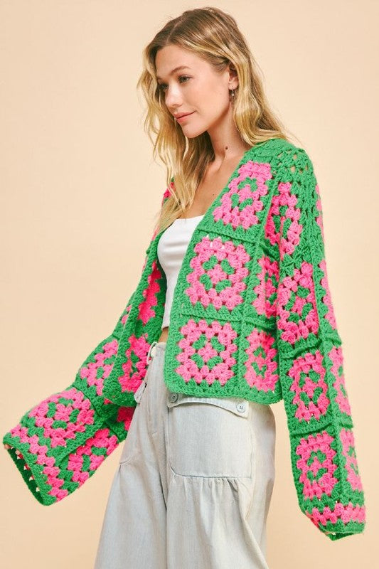 Davi & Dani Full Size Two Tone Flower Square Crochet Open Front Cardigan free shipping -Oh Em Gee Boutique