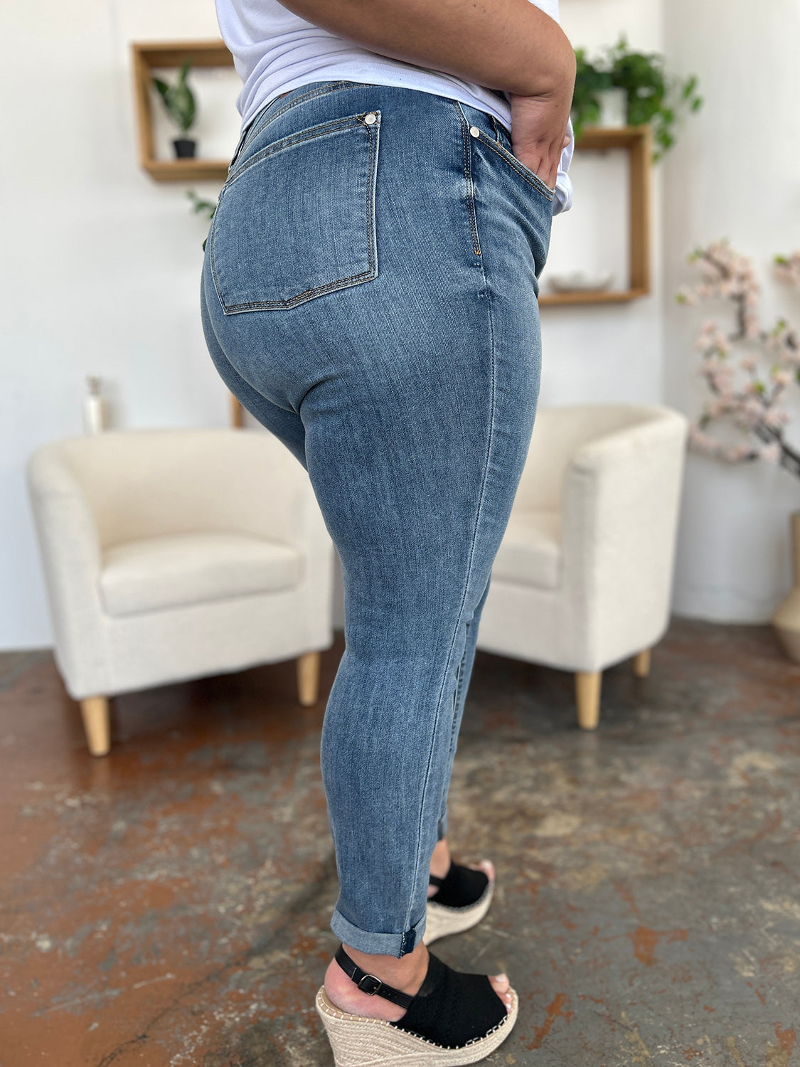 Judy Blue Full Size Cuffed Hem Low Waist Slim Jeans free shipping -Oh Em Gee Boutique