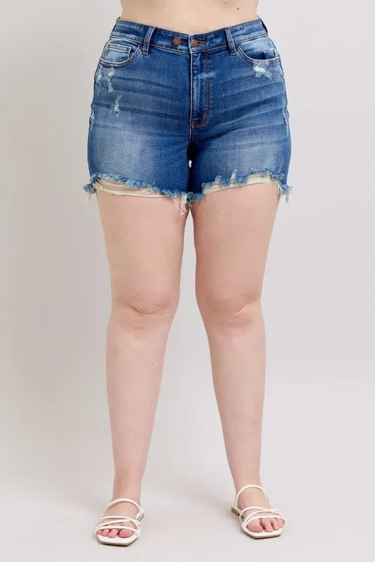 Judy Blue Plus Size 2 Button Dad Shorts with Destroy free shipping -Oh Em Gee Boutique