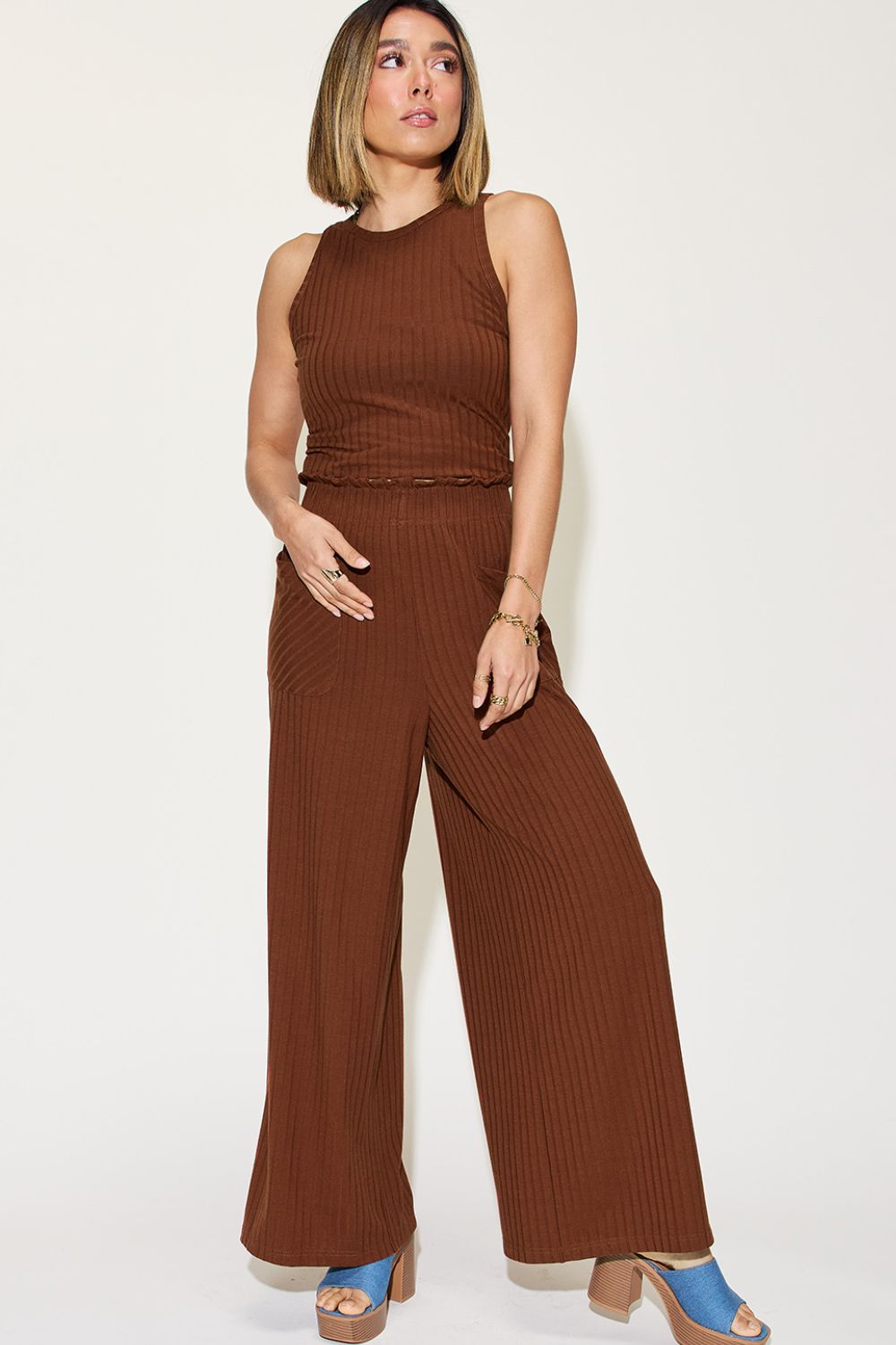 Basic Bae Full Size Ribbed Tank and Wide Leg Pants Set free shipping -Oh Em Gee Boutique