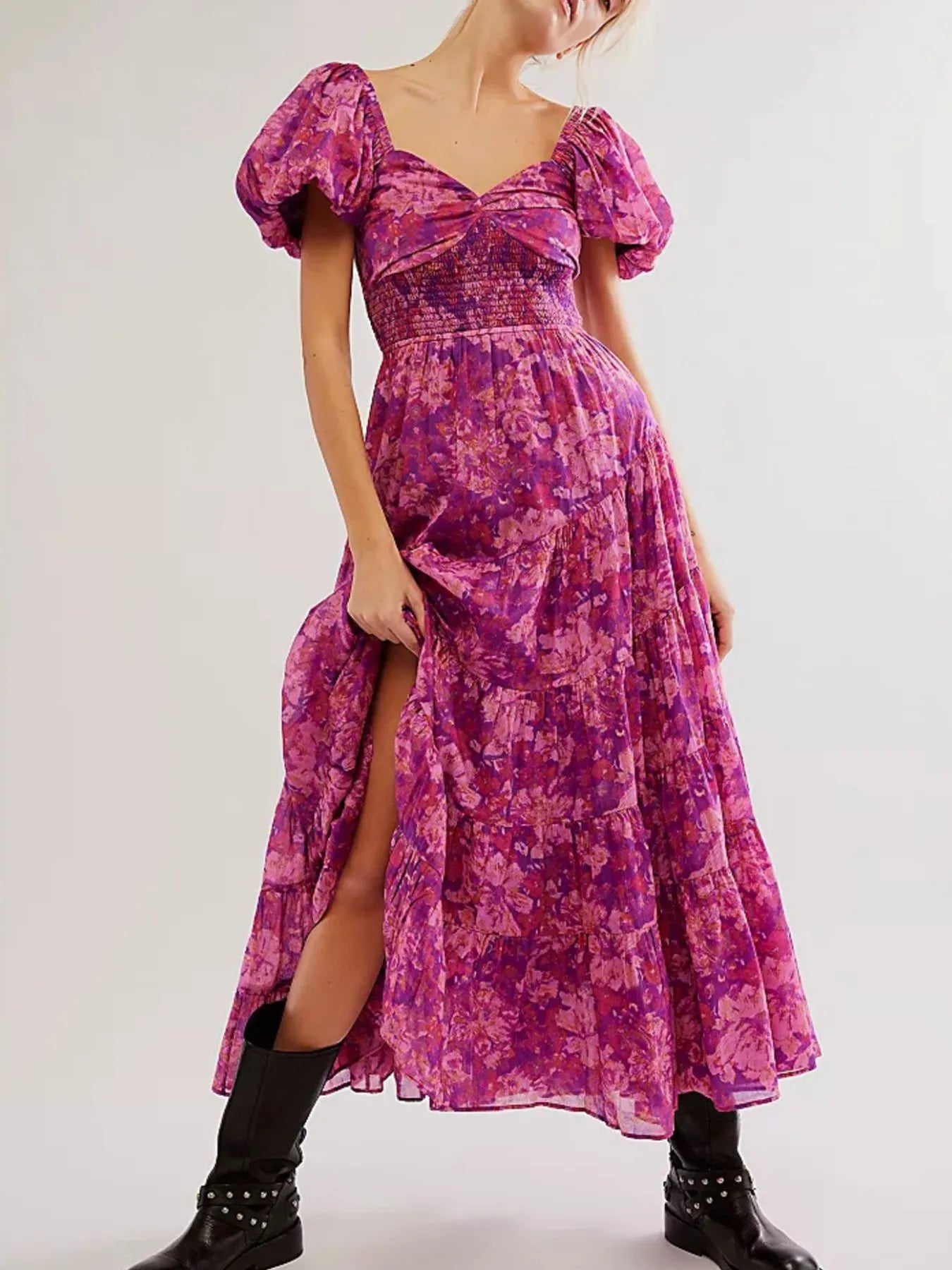Printed Sweetheart Neck Puff Sleeve Maxi Dress free shipping -Oh Em Gee Boutique