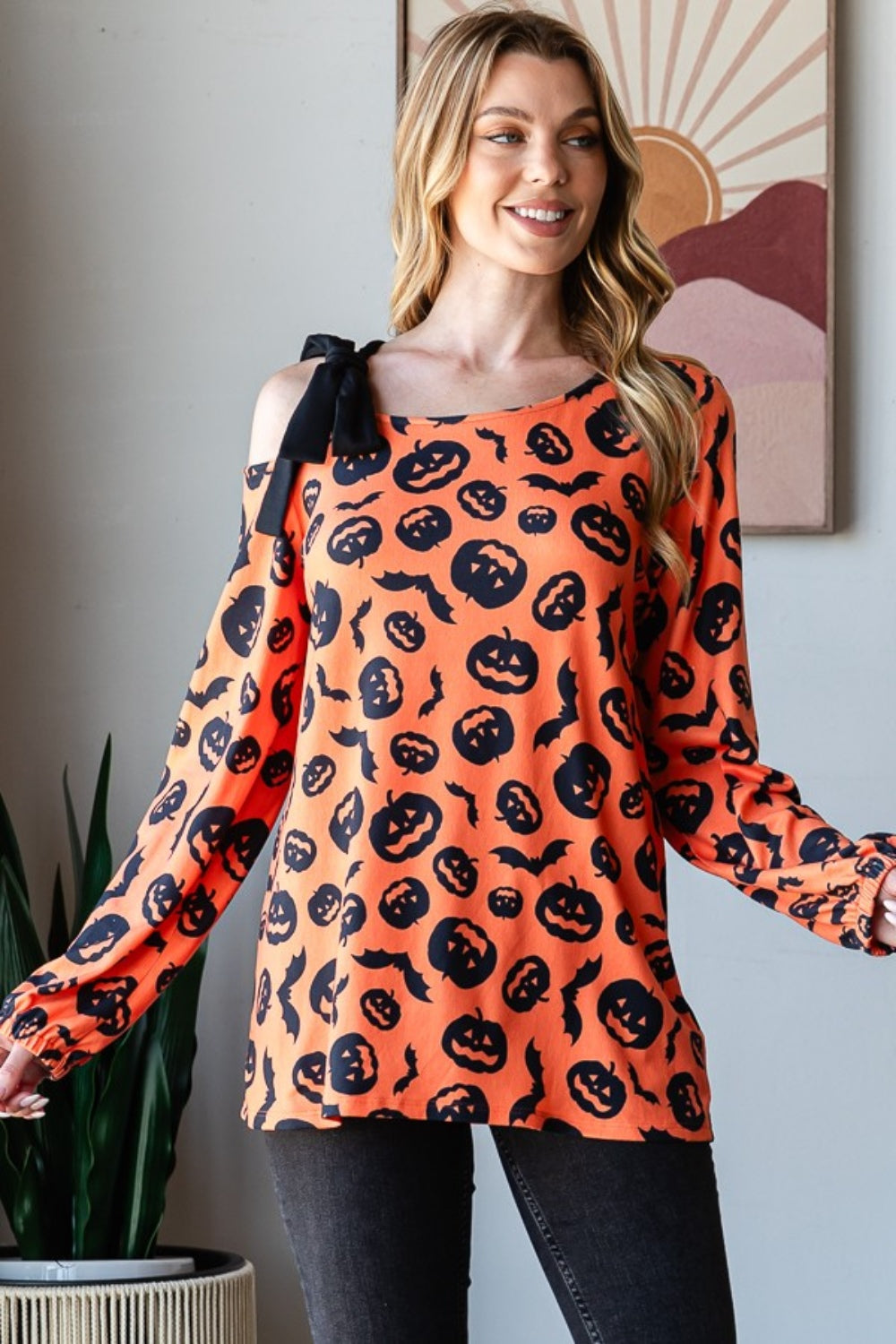 Heimish Pumpkin Print One Shoulder T-Shirt free shipping -Oh Em Gee Boutique