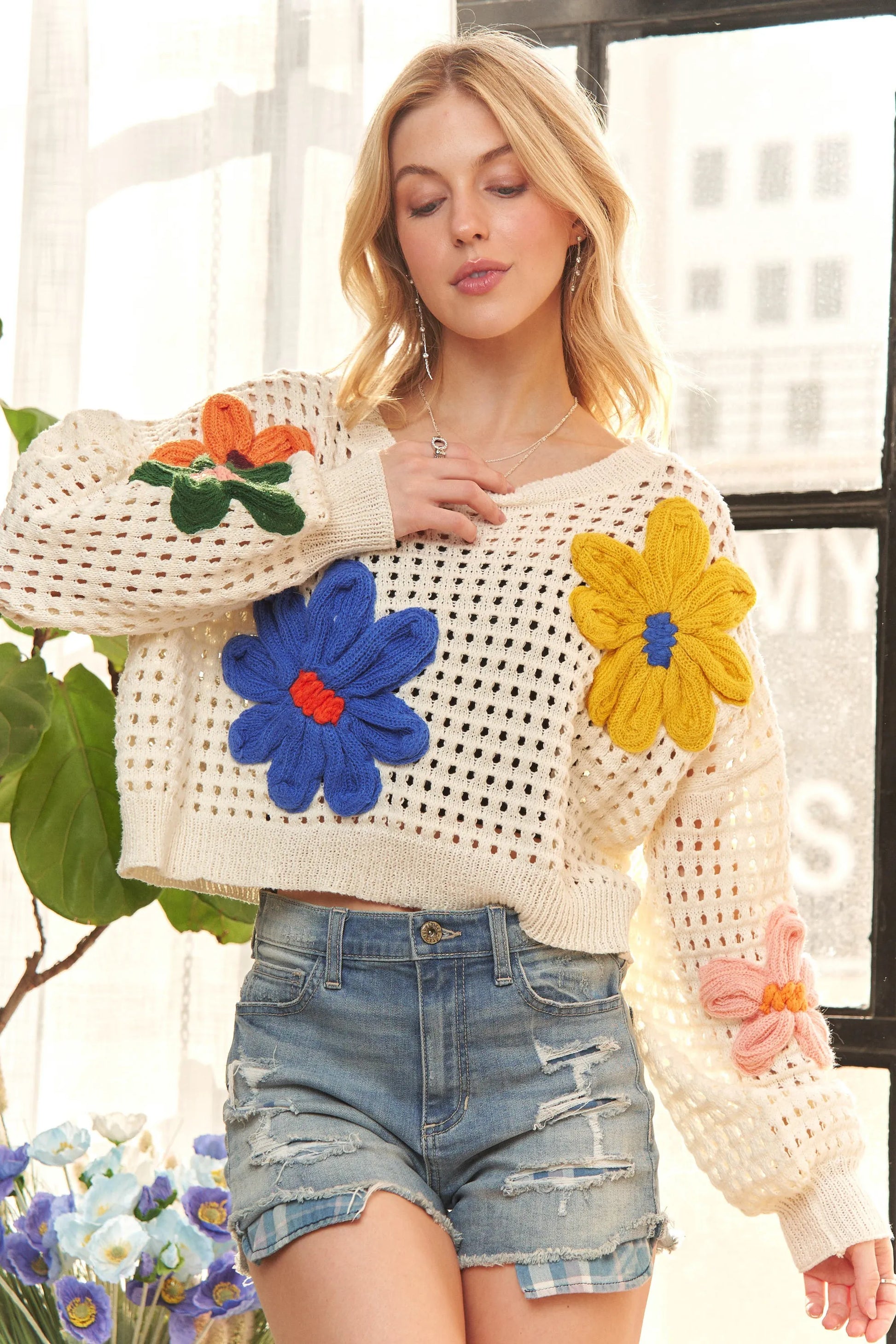 ADORA Floral Patch Sweater Crop Top free shipping -Oh Em Gee Boutique