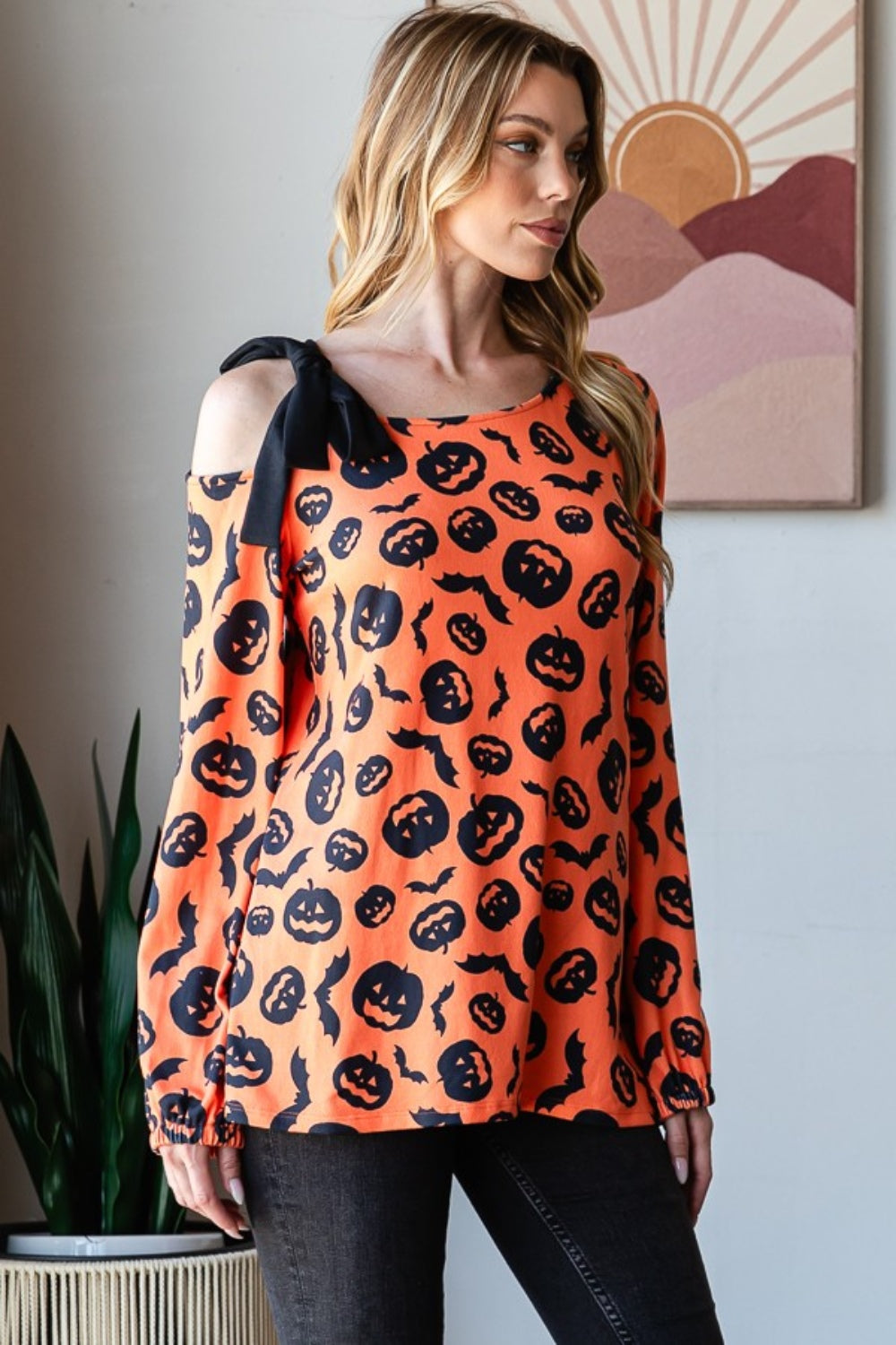 Heimish Pumpkin Print One Shoulder T-Shirt free shipping -Oh Em Gee Boutique