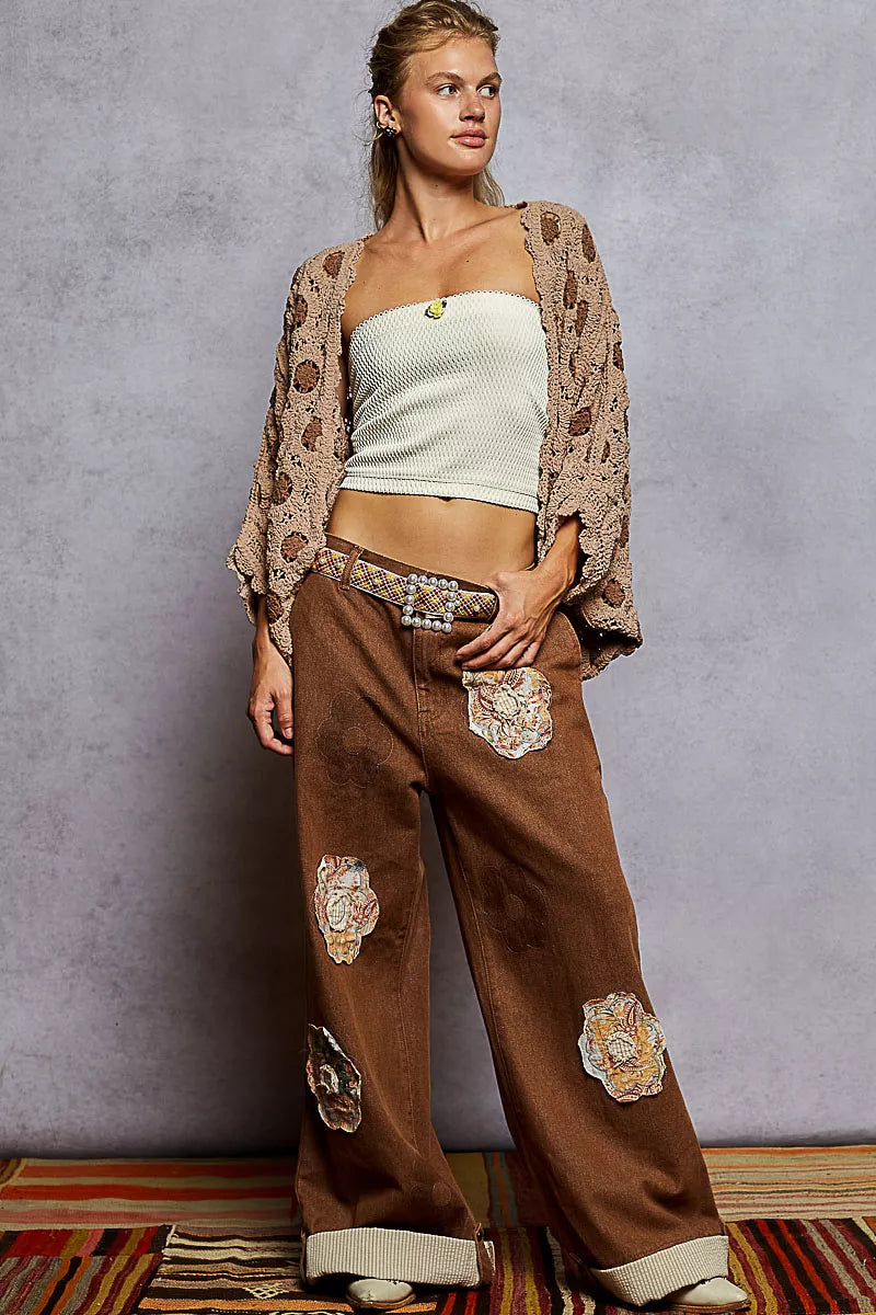 POL Openwork V-Neck Chenille Cardigan with Contrast Floral free shipping -Oh Em Gee Boutique