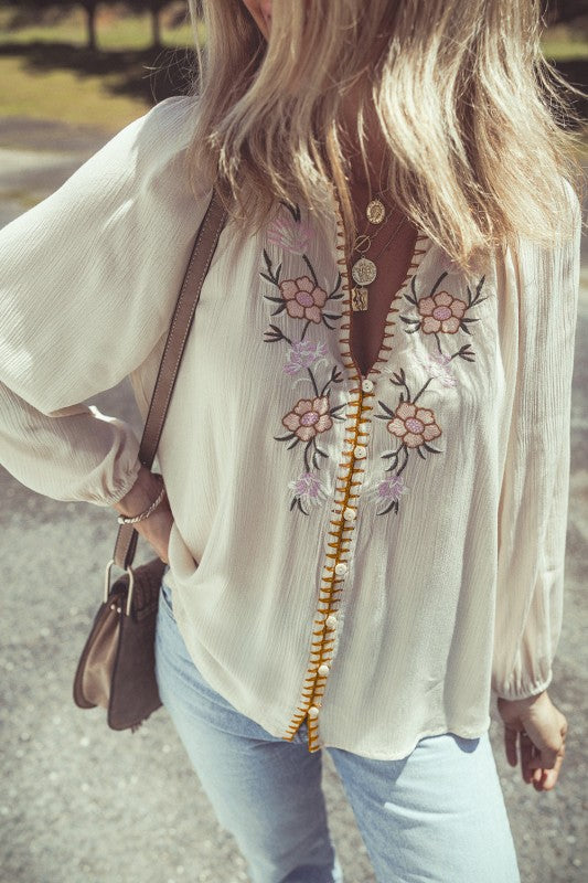 Floral Embroidered Textured Puff Sleeve Shirt free shipping -Oh Em Gee Boutique
