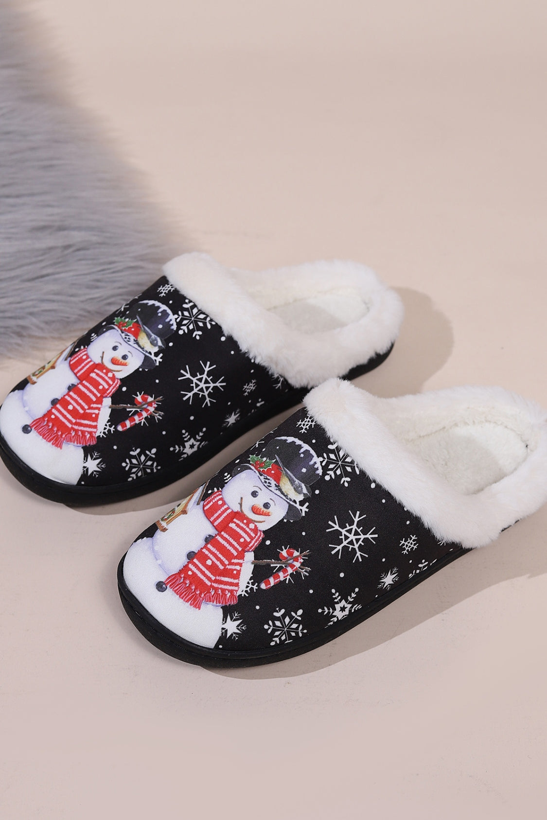 Snowman Round Toe Faux Fur Slippers free shipping -Oh Em Gee Boutique