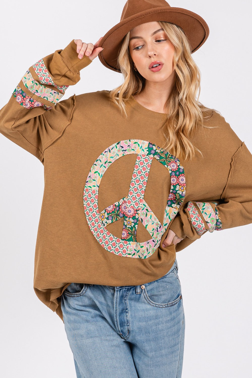 SAGE + FIG Peace Applique Patch Long Sleeve Top free shipping -Oh Em Gee Boutique