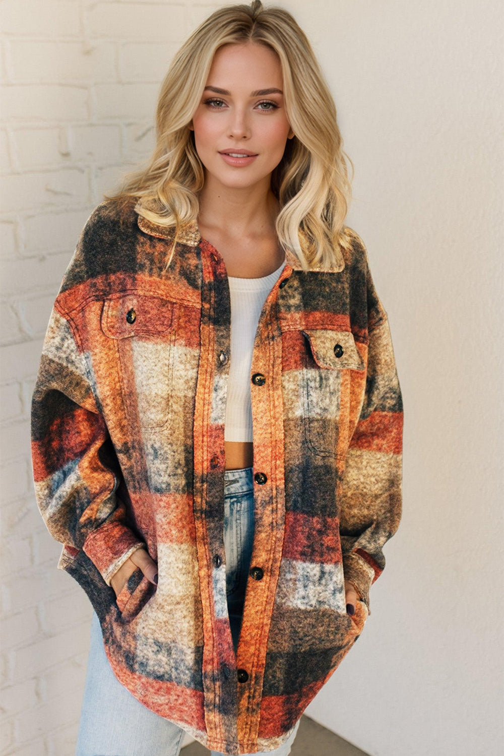 Double Take Button Up Plaid Fleece Shacket with Pockets free shipping -Oh Em Gee Boutique