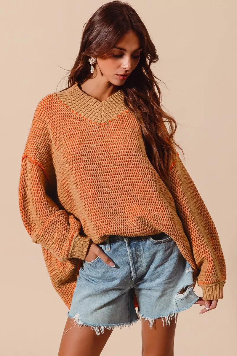 SO ME Oversized Two Tone Textured V Neck Sweater free shipping -Oh Em Gee Boutique