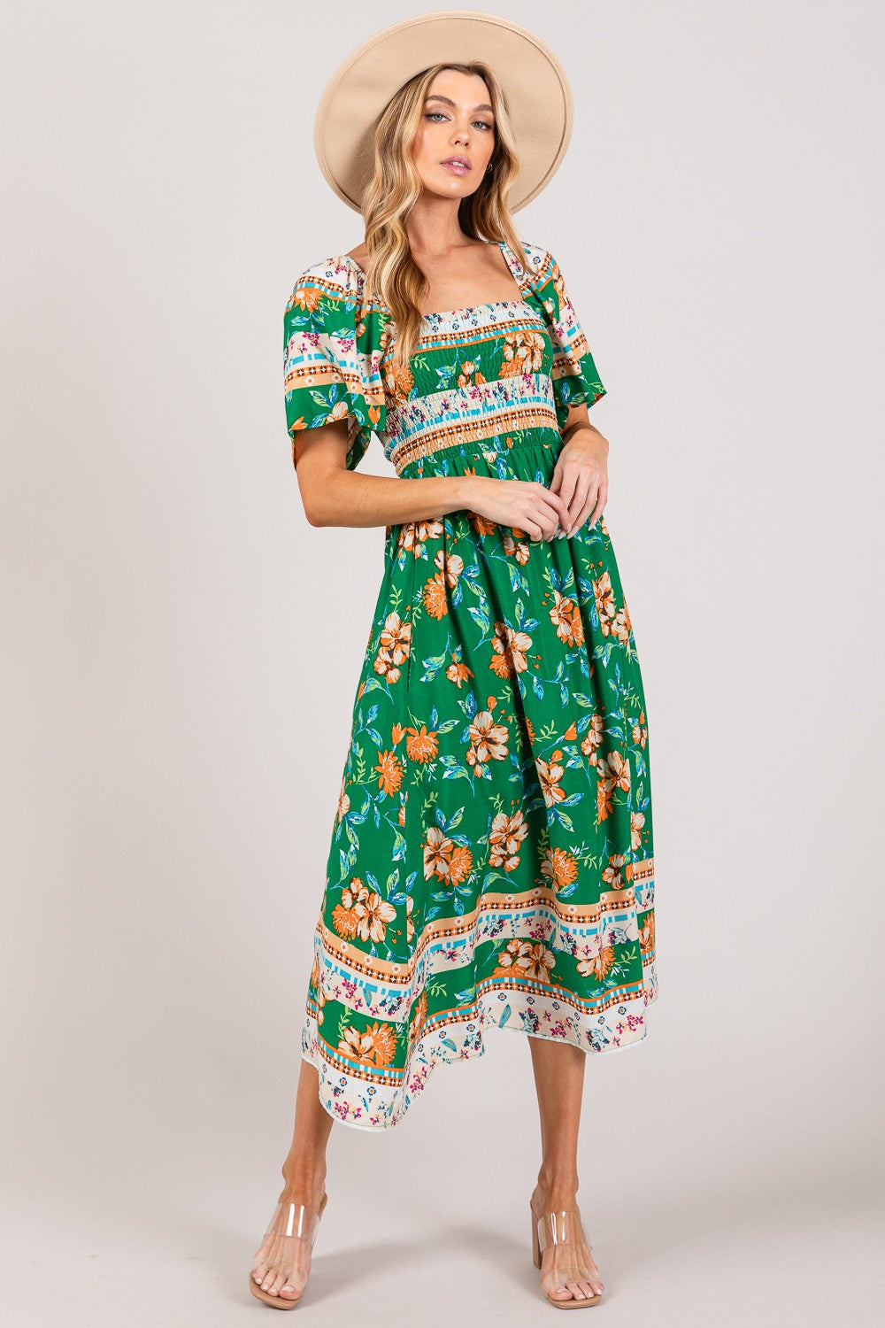 SAGE + FIG Printed Smocked Short Sleeve Midi Dress free shipping -Oh Em Gee Boutique