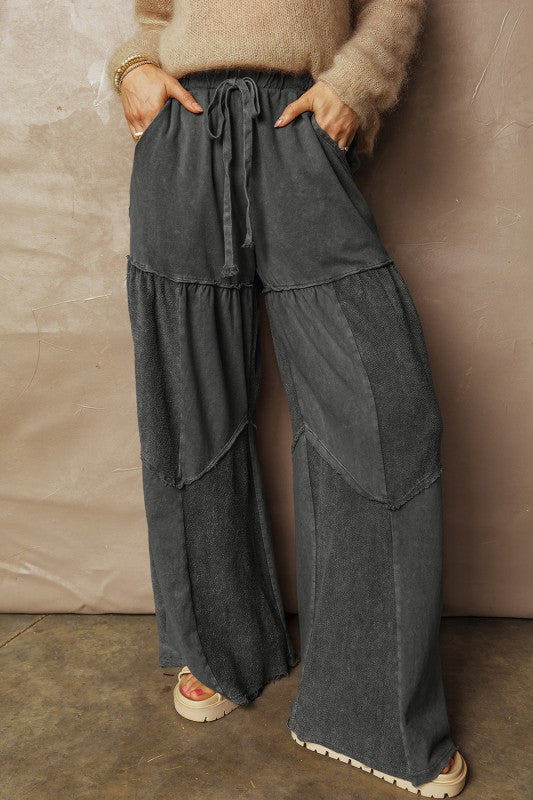 Mineral Wash Patchwork Tiered Wide Leg Pants free shipping -Oh Em Gee Boutique