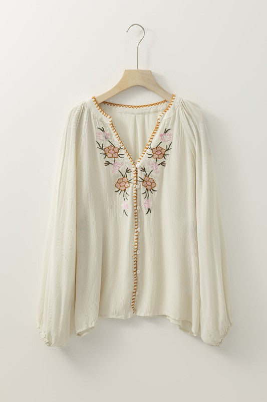 Floral Embroidered Textured Puff Sleeve Shirt free shipping -Oh Em Gee Boutique