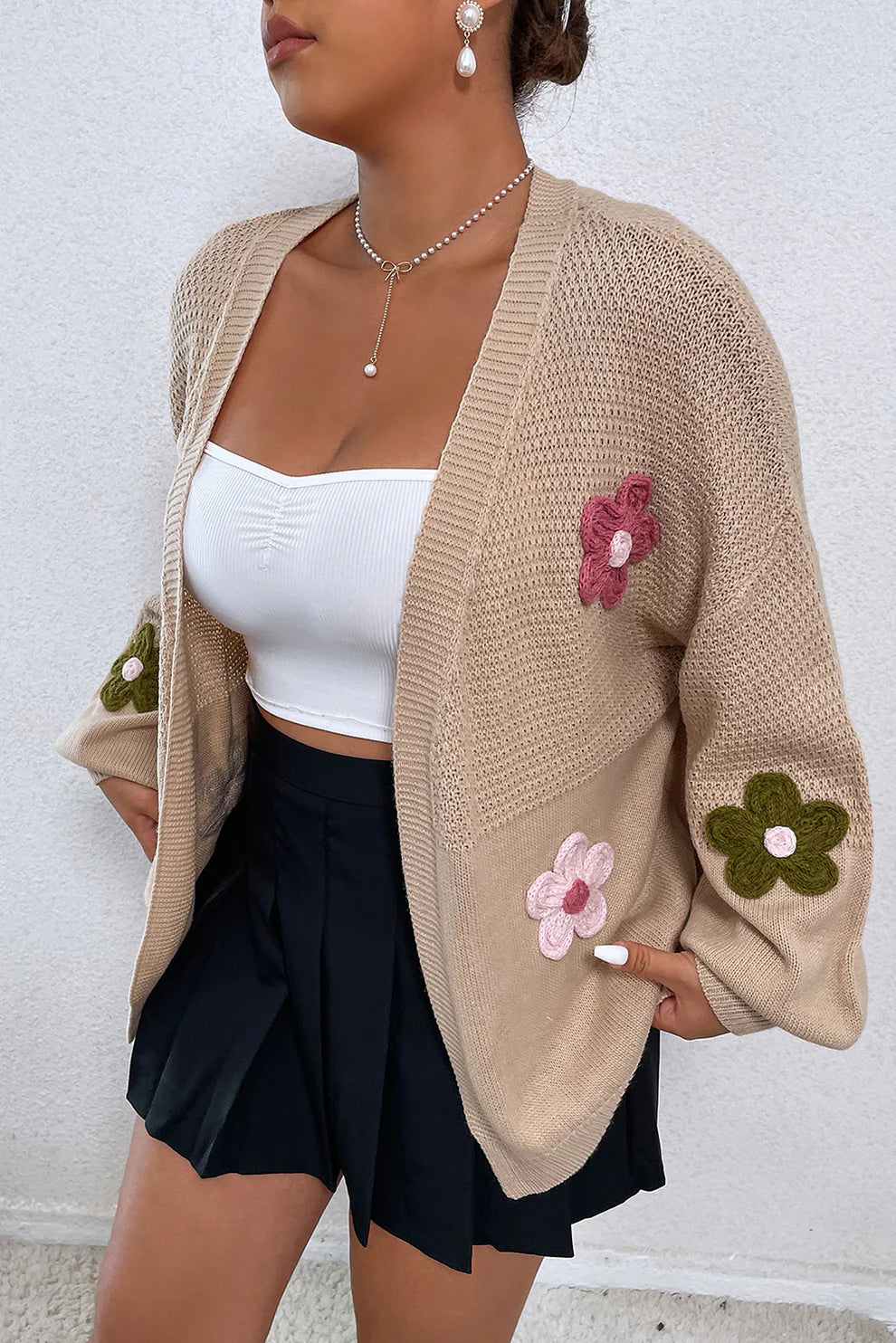 Floral Applique Drop Shoulder Open Front Cardigan free shipping -Oh Em Gee Boutique